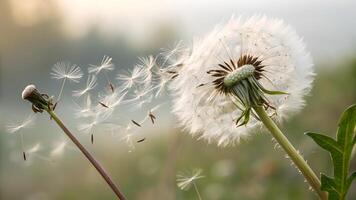 Dandelion seeds gently floating in the breeze, captured in stunning detail for nature enthusiasts and photographers seeking serene floral imagery photo