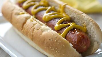 Delicious Hot Dog with Mustard Topping on White Plate for Food Bloggers and Recipe Writers photo