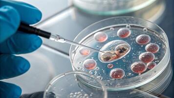 Scientist examining petri dish with precision tool in laboratory setting for educational and research purposes. Discover the intricate world of microbiology through detailed imagery. photo