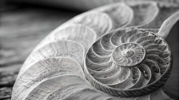 Nautilus Shell Detailed Close-Up in Black and White for Nature Enthusiasts and Designers Seeking High-Quality Stock Images of Ocean Life and Natural Patterns photo
