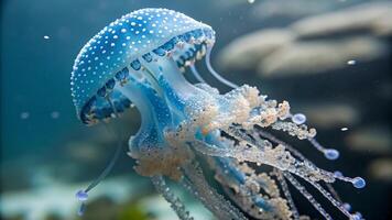 Jellyfish with stunning blue and white patterns in deep ocean waters for nature enthusiasts and photographers photo