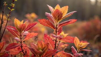 Vibrant Red Leaves in Sunlit Forest for Nature Lovers and Photography Enthusiasts, Capturing the Essence of Autumn with Warm Tones and Soft Focus Background photo