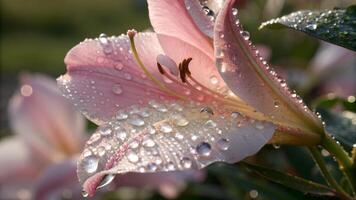 Delicate pink lily with sparkling water droplets in a serene garden setting for nature enthusiasts and photographers photo