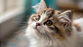 Cute kitten close-up portrait in cozy home setting for pet lovers and photographers seeking adorable animal images to enhance their content with a touch of warmth and charm photo