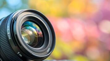 Camera Lens Close-Up with Vibrant Bokeh Background for Photography Enthusiasts and Professionals Seeking Stunning Visuals photo