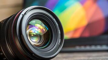 Camera Lens Close-Up with Vibrant Bokeh Background for Photography Enthusiasts and Professionals Seeking High-Quality Images for Their Creative Projects photo