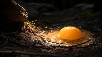 Broken egg yolk glistening in natural light on forest floor for nature enthusiasts and food photographers seeking unique, high-quality images of raw eggs in unexpected settings photo