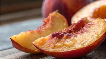 Juicy peach slices fresh and vibrant on rustic wooden table for food bloggers and recipe creators photo