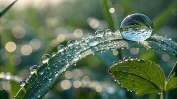 Dew Drops on Green Leaves Sparkling in Morning Sunlight for Nature Lovers and Photography Enthusiasts photo
