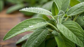 Fresh Sage Plant with Dew Drops in Garden for Culinary Enthusiasts and Nature Lovers Seeking Vibrant, High-Quality Herb Photography for Recipes and Botanical Art photo