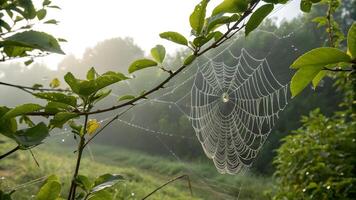 Spiderweb glistening with dew drops in a serene forest setting for nature enthusiasts and photographers photo