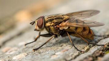 Close-up of a Detailed Housefly on Stone Surface for Nature Enthusiasts and Educational Purposes, Showing Intricate Features and Patterns in High Resolution Photography photo
