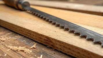 Woodworking saw sharp detailed on wooden surface for carpenters and DIY enthusiasts. Discover the precision tool for your next project, perfect for cutting wood with ease and accuracy. photo