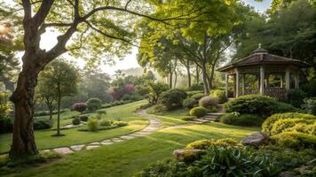 Japanese Garden Serene Pathway in Lush Greenery for Nature Lovers and Landscape Designers photo