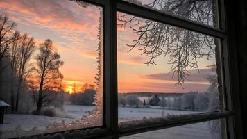 Winter Sunset Through Frosted Window, Stunning Landscape View for Nature Lovers and Home Decor Enthusiasts photo