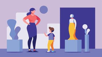 Modern Sculpture Marvel. Mother and Child Admiring Contemporary Art on Mothers Day vector