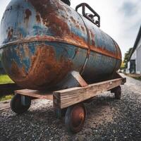An old rusty tank on a cart photo