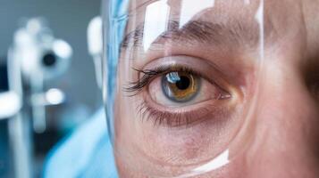 Postoperative heavy inflamed eye closeup shot with selective focus photo