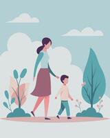 Calm Mothers Day Illustration of Mother and Child Strolling Peacefully During a Modern Day Out vector