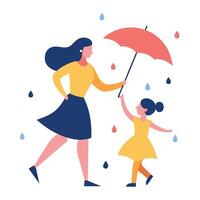 Flat Color Illustration of a Mother and Child Dancing in the Rain with an Umbrella on Mothers Day vector