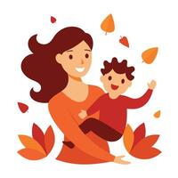 Flat Color Illustration of a Mother and Child Enjoying Play in Autumn Leaves on Mothers Day vector