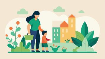 Eco-Friendly Urban Tour. Mother and Child Discovering Green Spaces on Mothers Day vector