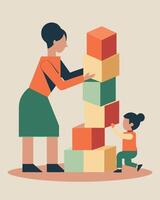 Creative Mothers Day Illustration of Mother and Child Stacking Modern Blocks in a Playful Manner vector
