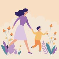 Energetic Mothers Day Illustration of a Mother and Child Running Through a Lively Park with Joy vector