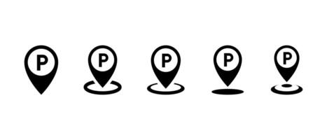 Parking area location icon set collection. Map pin with letter P sign symbol vector