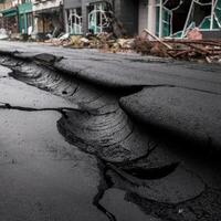 A street with cracks in it and a building in the background photo