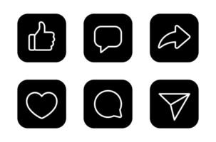 Like, comment, and share icon on black square. Love, speech bubble, and repost arrow outline sign symbol vector