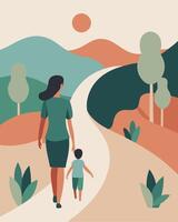Tranquil Mothers Day Illustration Mother and Child Exploring a Peaceful Nature Trail vector