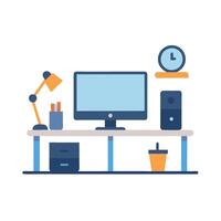 Modern Employee Workspace Featuring Dual Monitors and Essential Office Tools for Productivity vector