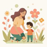 Vibrant illustration of a mother and child playing in a flower field on Happy Mother's Day vector