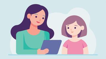 Happy Mothers Day Illustration Mother And Daughter Experimenting With Digital Art On A Tablet vector