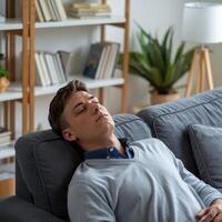 A man is sleeping on a couch in front of a book shelf photo