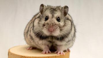 A hamster is sitting on top of a wooden block photo