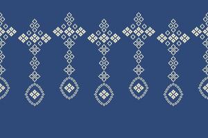 Fabric pattern of blue color background motif cross stitch ethnic design pixel. vector