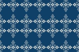 Ethnic fabric pattern blue color background motif cross stitch design pixel decoration. vector