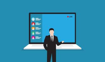 Live streaming event, male performing in front of the laptop camera vector