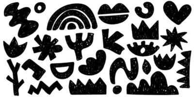 Set of pencil drawn modern blsck textured shapes. Trendy collections of abstract doodle pieces. Creative collage with funky abstract geometric objects in a naive style vector