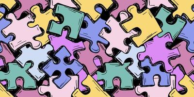 Colorful seamless puzzle pattern. Trendy print with hand drawn pieces of puzzle vector
