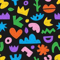 Seamless pattern with colorful pencil drawn various shapes. Abstract background with funky geometric objects in a naive style. Great for textile, fabric, wallpaper, wrapping, scrapbook and packaging vector