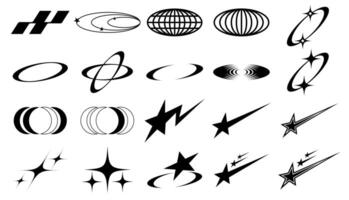 Brutalist abstract geometric shapes and grids. Brutal modern shapes, stars, lines, circles, oval spiral flower and other primitive elements, Memphis geometric silhouette elements set vector