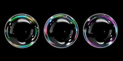 3D transparent round bubbles with refraction and glare. illustration with soap foam or colorful shiny rainbow balls isolated on dark background, glass liquid, liquid form with holographic. vector
