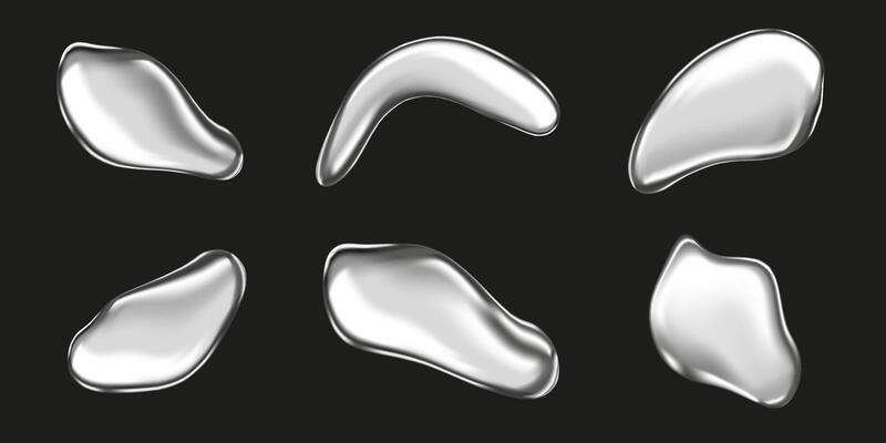 Set of metal drops realistically isolated on a black background. Silver ball, chrome sphere, liquid metal. Spherical 3D spheres. Precious stone. illustration for your design and business