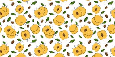 Simple seamless pattern peach with leaves, branches, pit, fruit illustration in line art style for textile, wallpaper, website, mobile app, fruit illustration in line art style vector