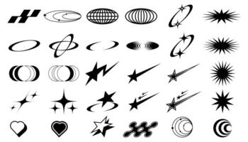 Set of brutalist abstract geometric shapes and grids. Brutal modern shapes, stars, lines, circles, oval spiral flower and other primitive elements, Memphis geometric silhouette elements set vector