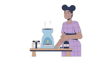 Aromatherapy with essential oils cartoon animation. Holistic healing. Stress relief. Black woman with candle and diffuser animated flat 2D character 4K isolated on white, scene storytelling video