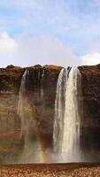 Slow motion of the seljalandsfoss waterfall with rainbow in iceland video
